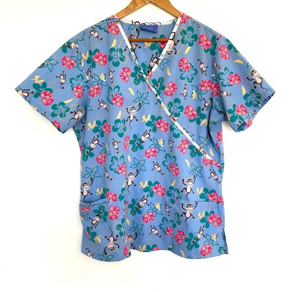 Carol’s Scrubs Women’s Shirt Large Blue Monkey Floral Short Sleeve Pockets Top